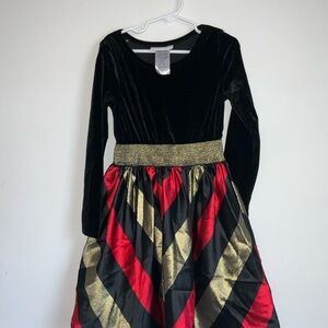 Black velvet long sleeve dress with gold and red plaid pattern Girls Size 7